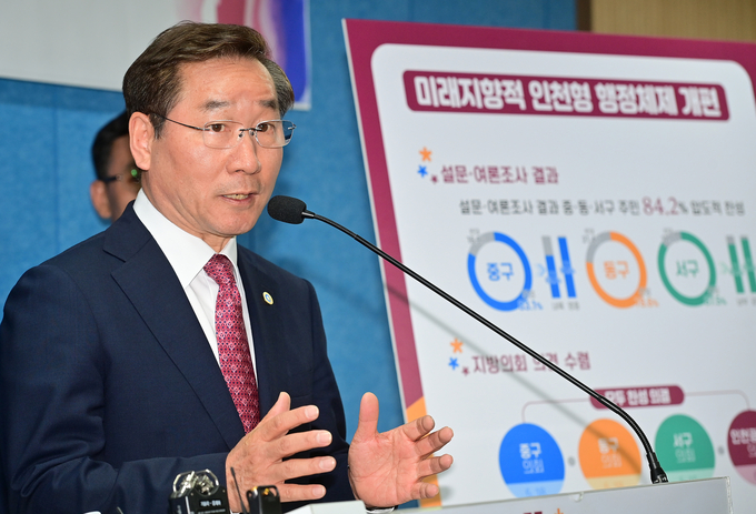 1일 유정복 인천시장이 시청 브리핑룸에서 인천형 행정체제 개편 의견 수렴 종료 및 행정안전부 건의에 따른 입장을 발표하고 있다. ( 사진 = 인천시 제공 )