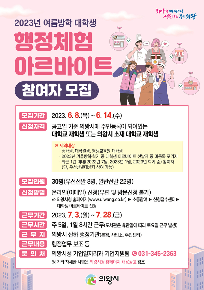의왕시가 2023년 여름방학 대학생 행정체험 아르바이트를 모집한다. (사진=의왕시 제공)