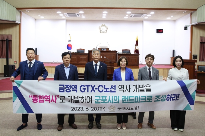 군포시의회 민주당의원들이 ‘금정역 통합역사 개발 촉구 결의안’을 채택했다. (사진=군포시의회 제공)