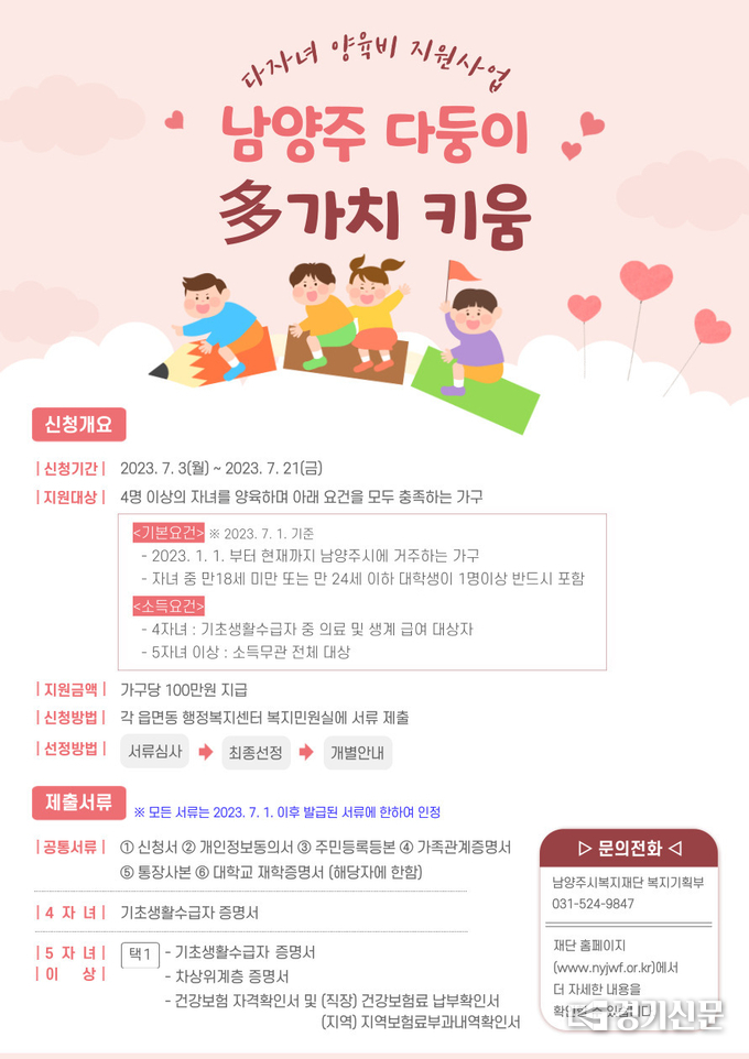 남양주시복지재단은 4자녀 이상 '다둥이 가정'의 경제적 부담을 경감하고 출산 장려 분위기를 조성하기 위해 다둥이 다(多)가치 키움 사업’을 실시한다. 7월 3일~21일까지 신청을 받아받고 선정된 가정에는 100만 원씩 지급한다. (사진=남양주시 제공)