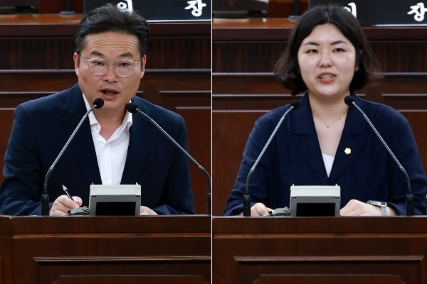 (왼쪽부터) 지난 29일 오후 구동오 의원과 정한솔 의원이 제256회 부평구의회 정례회 제2차 본회의에서 자유 발언을 하고 있다. ( 사진 = 부평구의회 제공 )