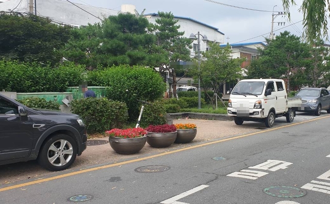 9일 오전 수원시의 한 보도. 보도 너비 절반 크기의 대형 화분이 설치돼 있다. (사진=나규항 기자)