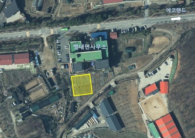 새로운 배드민턴장이 조성 (노란선 내) 될 별내면 광전리 123-6번지 일원.(사진=남양주시 제공)