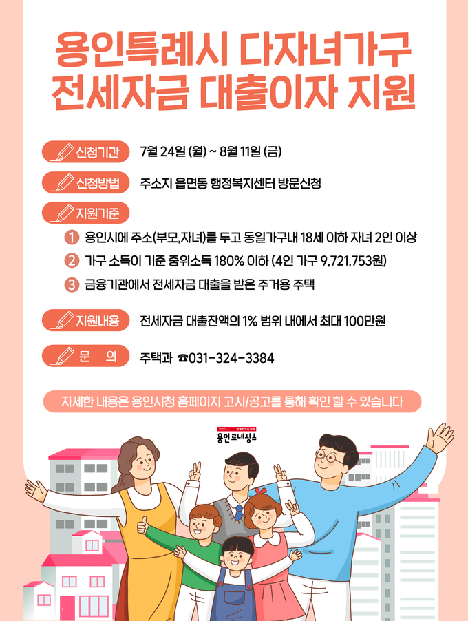 용인특례시가 무주택 다자녀가구에 최대 100만 원의 전세자금 대출이자를 지원한다. (사진=용인시 제공)