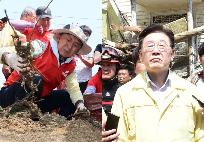 (왼쪽)김기현 국민의힘 대표가 지난 21일 경북 예천군 감천면 진평2리에서 수해복구 봉사활동을 하고 있다. (오른쪽)이재명 더불어민주당 대표가 지난 19일 경북 예천군에서 폭우 피해 시설을 보고 있다. (사진=연합뉴스)