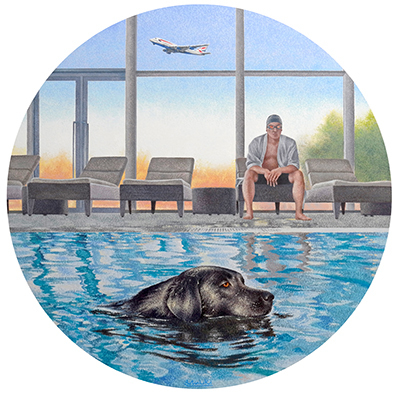 민우기, Dog swim, 92cm Diameter, Oil on canvas, 2023. (사진=갤러리 위 제공)
