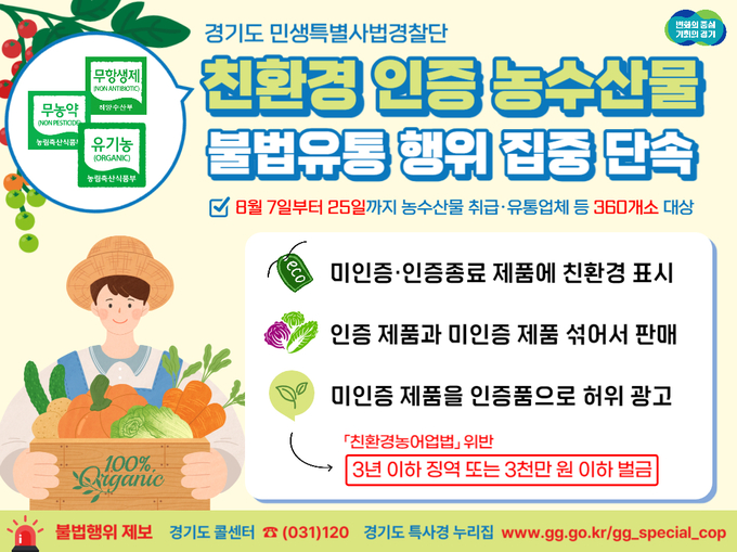 경기도 민생특별사법경찰단 친환경 인증 농수산물 불법유통 행위 집중 단속 포스터. (사진=경기도 제공)