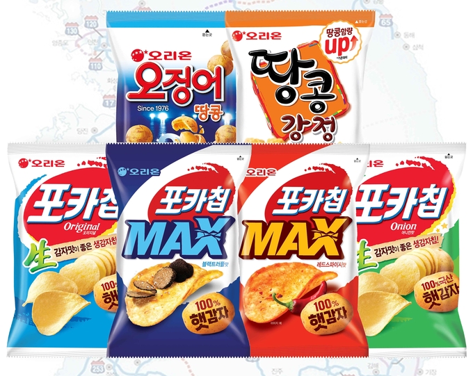 오리온 포카칩 오징어땅콩 땅콩강정 제품 이미지. (사진=오리온 제공)