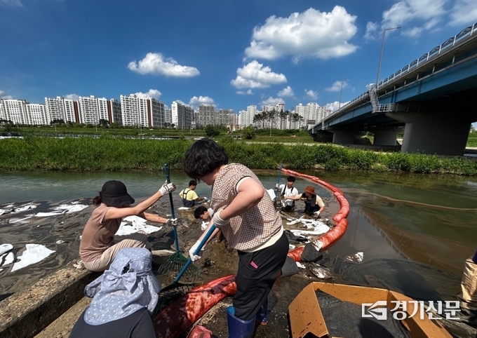 구리시는 4일 남양주시 진건읍 식용유 보관창고에서 발생한 화재로 인해, 흘러나온 기름이 왕숙천으로 유입돼 이를 막기 위해 긴급 방재작업을 벌이고 있다. 환경관리사업소 등 직원 90명은 현장에서 흡착포와 흡착롤, 오일붐 등을 준비해 유입을 막고 있다.(사진=구리시 제공)