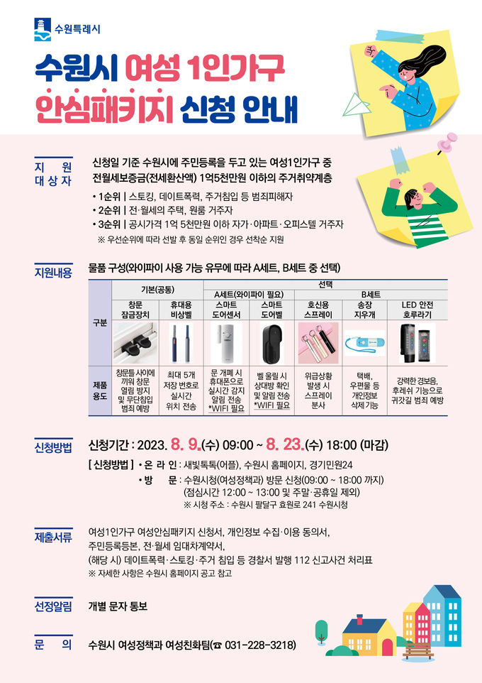‘수원시 여성 1인가구 여성안심 패키지 지원사업’ 홍보물. (사진=수원시 제공) 