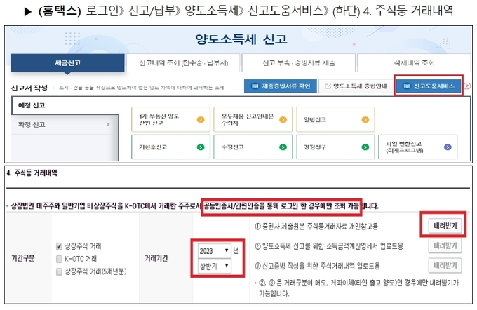 홈텍스 주식 거래내역 조회 방법. (사진=국세청 제공)
