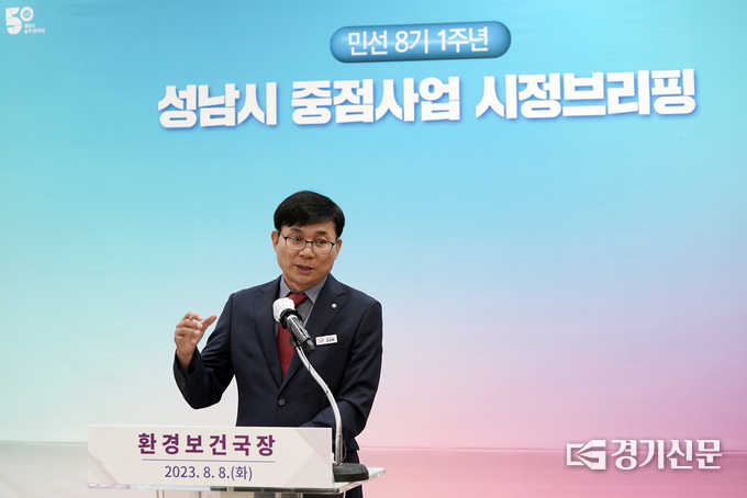 김길환 환경보건국장이 8일 한누리실에서 중점사업에 대한 시정브리핑을 하고 있다. (사진=성남시 제공)