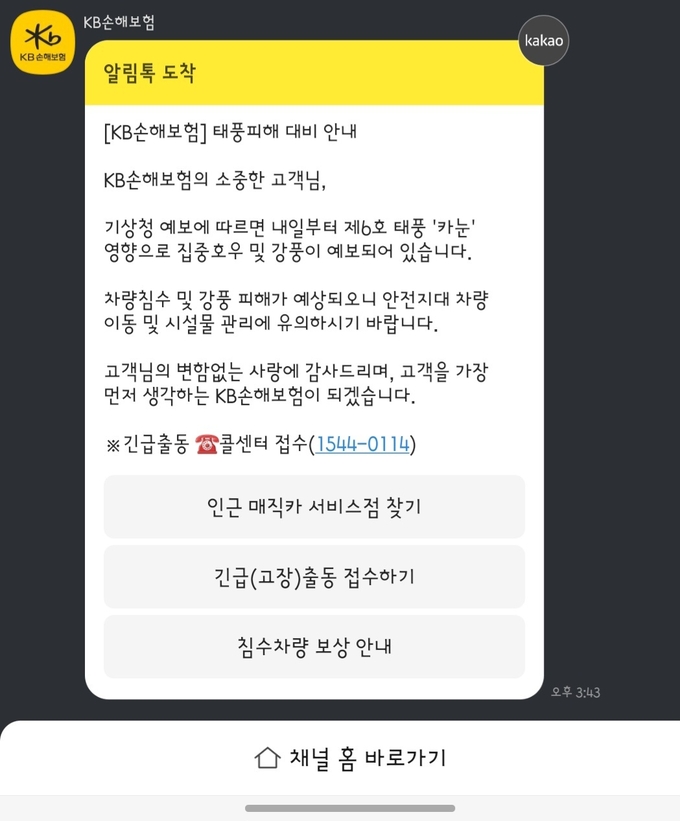 KB손해보험이 자동차보험 고객에게 발송한 알림톡. (사진=KB손해보험 제공)