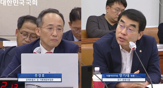 더불어민주당 양기대 국회의원(경기광명을)은 지난 22일 국회 기획재정위원회 전체회의에서 추경호 부총리 및 기획재정부 장관에게 광명‧시흥 3기 신도시 보상지연에 대한 특단의 대책을 촉구했다. (사진=양기대의원실 제공)