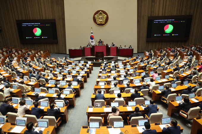 24일 오후 국회에서 열린 본회의에서 제409회국회(임시회) 회기결정의 건에 대한 수정안이 찬성 158표, 반대 91표, 기권 2표로 가결되고 있다.