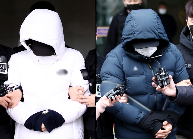 지난 2월 16일 오전 '멍투성이 사망' 초등생의 계모(왼쪽)와 ·친부가 검찰 송치를 위해 경찰서를 나서고 있다. ( 사진 = 연합뉴스 제공 )