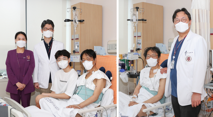 (왼쪽부터) 장기이식코디네이터 김예지 간호사, 김상진 간담췌외과 교수, 이 모 씨 부자, 한형준 간담췌외과 교수. (사진=고려대안산병원 제공)