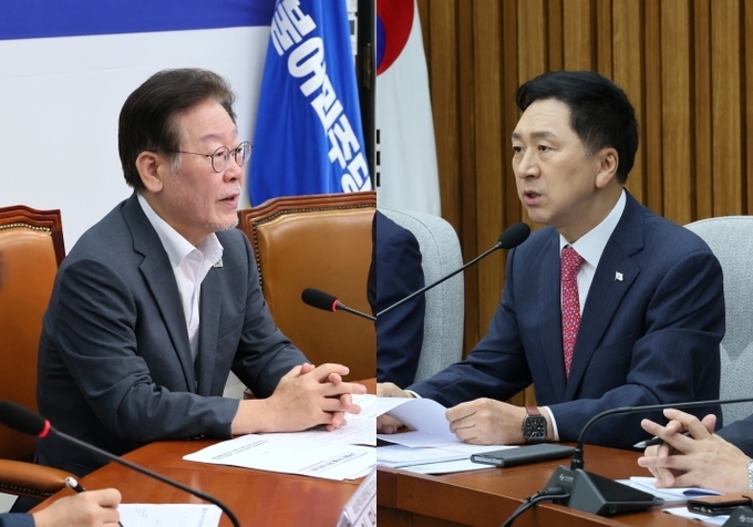 이재명 더불어민주당 대표(좌)와 김기현 국민의힘 대표가 각각 지난 10일과 13일 국회에서 열린 교원단체 간담회에 참석했다. (사진=연합뉴스)