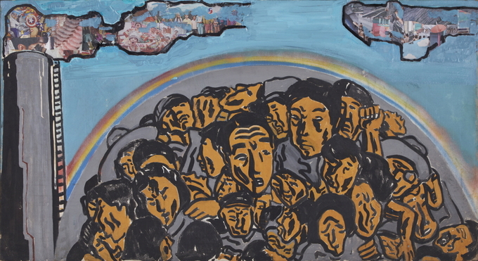 김정헌_무지개 공장-1980(2019 부분 재제작), 캔버스에 유채, 신문콜라주, 73.3x133.3㎝. (사진=경기문화재단 제공)