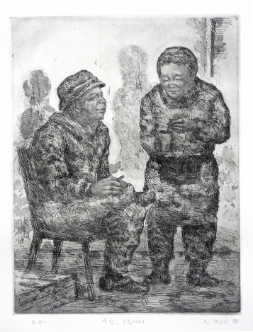 민정기_『사람들』 중 〈아침 노점에서〉, 1988, 에칭, 에쿼틴트, 63 × 53.5㎝. (사진=경기문화재단 제공)