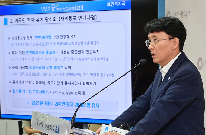 신남식 인천시 보건복지국장이 14일 보건복지국 소관 현안 브리핑을 통해 외국인 환자 유치 활성화 방안에 대해 설명하고 있다. ( 사진 = 인천시 제공 )