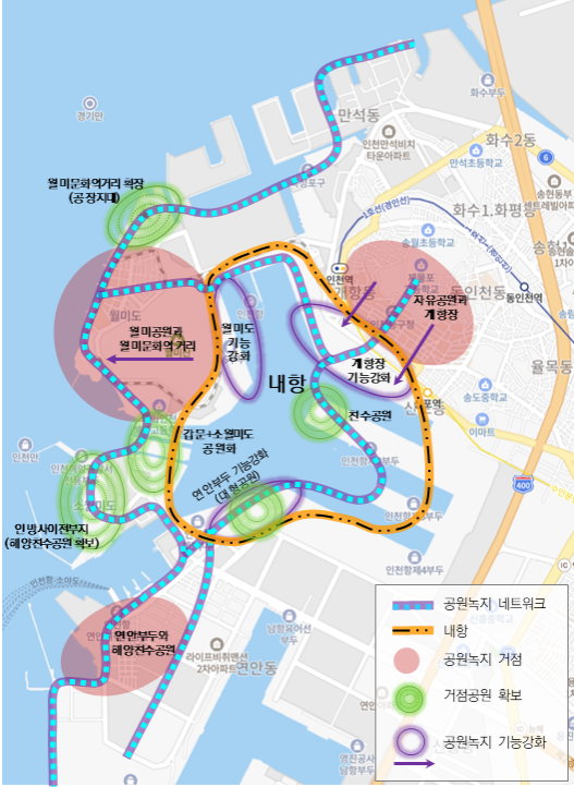 공원녹지 네트워크와 공원 및 해양 친수공간 확보구상 참고자료. ( 사진 = 인천연구원 제공 )