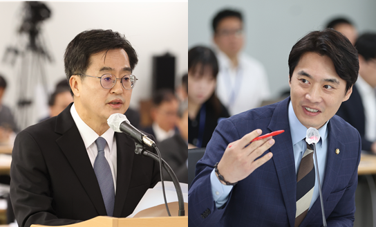 23일 경기도청에서 열린 국회 국토교통위원회 경기도 국감에서 한준호(민주·경기고양을) 의원(오른쪽)이 김동연 경기도지사에게 질의하고 있다. (사진=경기도 제공)