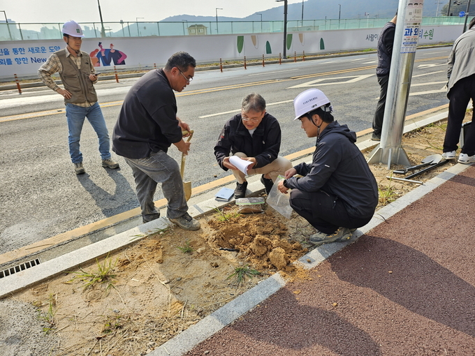 지난 25일 수원 당수지구 내 가로수 식재예정지에서 조사원들이 토양을 살펴보고 있다. (사진=수원시 제공) 