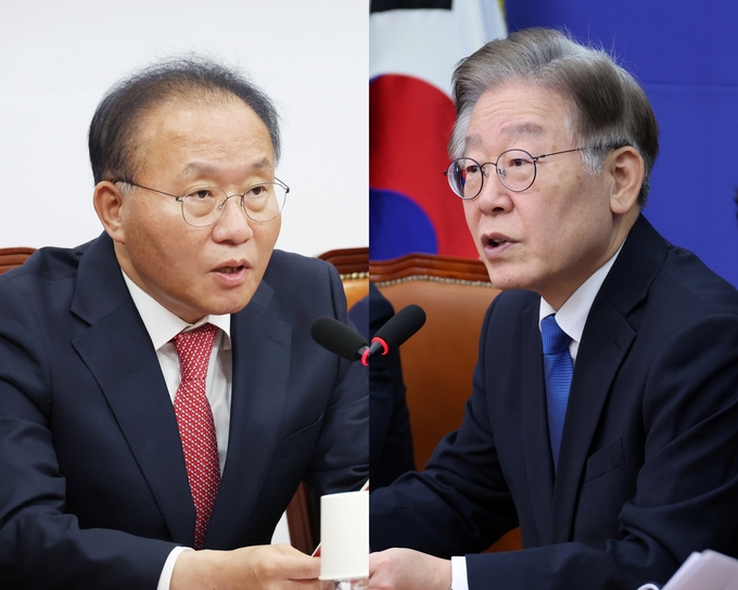 윤재옥 국민의힘 원내대표(왼쪽)과 이재명 더불어민주당 대표가 각각 30일 국회에서 열린 당 최고위원회의에 참석해 발언하고 있다. (사진=연합뉴스)