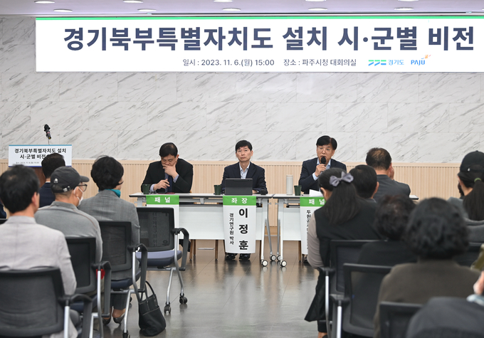 6일 파주시청 대회의실에서 이정훈 경기연구원 박사 등이 ‘경기북부특별자치도 설치 추진 시·군별 비전 공청회’를 진행하고 있다. (사진=경기도 제공)