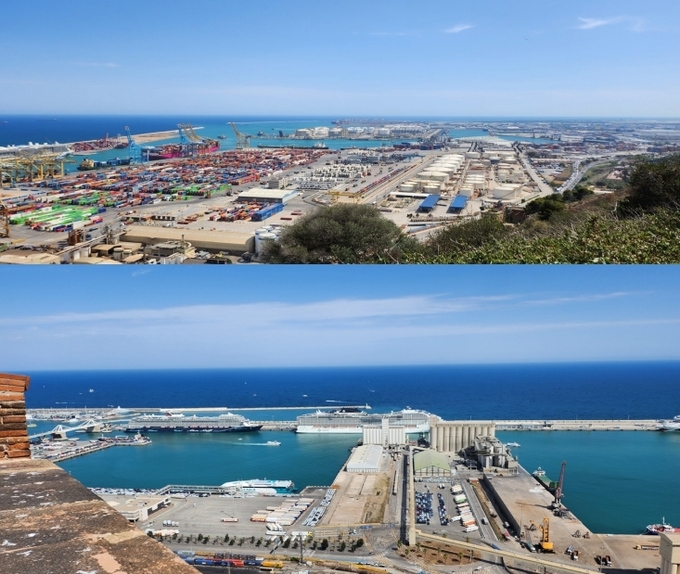 Barcelona의 무역항과 관광크루즈 항. 해안을 따라 길게 전개된 항구의 일부.