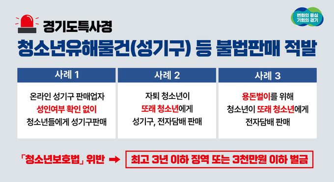 경기도특사경 청소년유해물건 등 불법판매 적발 사례. (사진=경기도 제공)