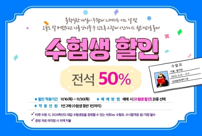 뮤지컬 '인사이드 윌리엄' 수험생 할인 행사 이미지. (사진=인터파크 티켓 할인정보 캡처)