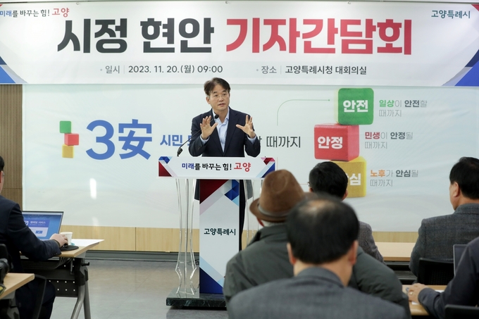 이동환 고양특례시장이 5대 사업 분야 추진을 위한 2024년 본예산안 편성 방향을 밝히고 있다. (사진=고양시 제공)