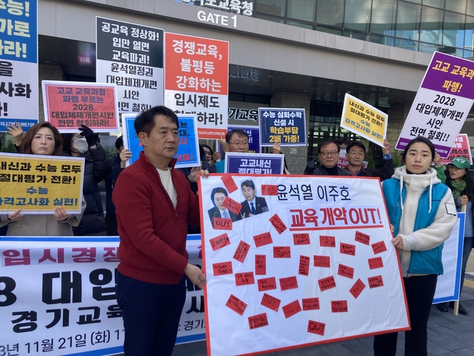 21일 오전 경기도교육청 앞에서 전교조 경기지부 관계자들이 2028 교육개편안을 규탄하는 퍼포먼스를 보이고 있다. (사진=이보현 기자)