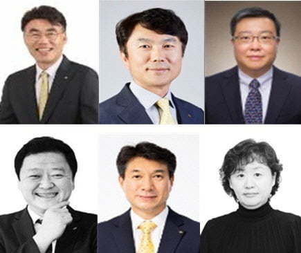 (윗줄 왼쪽부터) 이홍구 KB증권 WM부문 대표이사 후보, 구본옥 KB손해보험 대표이사 후보, 김영성 KB자산운용 대표이사 후보, 빈중일 KB캐피탈 대표이사 후보, 성채현 KB부동산신탁 대표이사 후보, 서혜자 KB저축은행 대표이사 후보. (사진=KB금융 제공)