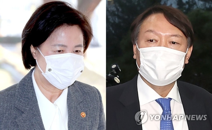윤석열 검찰총장을 직무에서 배제한 명령의 효력을 임시로 중단하라는 법원의 결정이 나왔다. 추미애 법무부 장관(왼쪽)이 지난 2020년 12월 1일 오전 국무회의에 참석하기 위해 정부서울청사에 도착하고 있다. 추 장관의 직무 배제 결정으로 그동안 출근하지 못했던 윤석열 검찰총장이 이날 오후 서초구 대검찰청으로 출근하고 있다. (사진=연합뉴스)