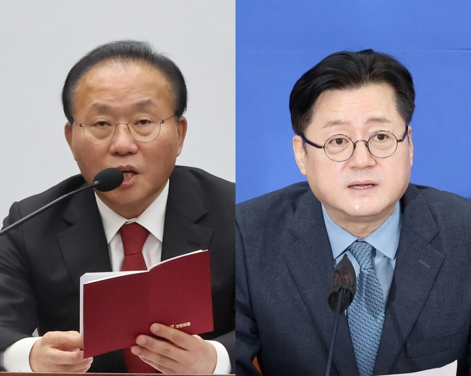 2일 윤재옥 국민의힘 원내대표(왼쪽)와 홍익표 더불어민주당 원내대표가 각각 원내대책회의에서 발언하고 있다. (사진=연합뉴스)