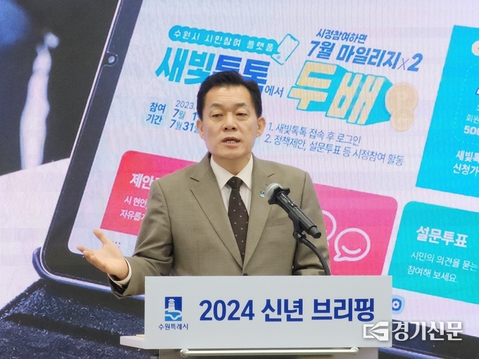  3일 이재준 수원시장이 ‘수원특례시 2024년 신년 브리핑’에서 경제 활성화 방안을 설명하고 있다. (사진=박진석 기자)