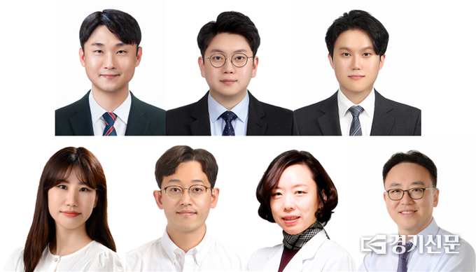 (사진 왼쪽 상단부터 시계방향)신민준 박사, 박준영 연구교수, 박준영 박사과정, 강동우 교수, 강윤주 교수, 임형섭 박사, 임수현 박사과정. (사진=가천대학교 제공)