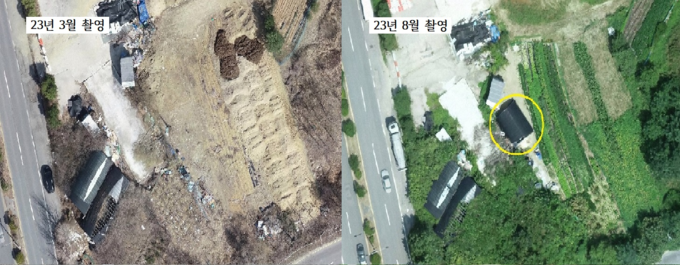 지난해 3월과 8월 드론으로 단속한 양주시 불법창고 모습. (사진=경기도 제공)