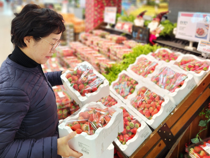 롯데마트 안산점 과일 매장에서 '한입 꼬마 딸기' 상품을 구매하고 있는 고객. (사진=롯데마트 제공)