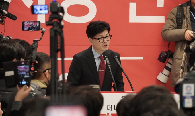 한동훈 국민의힘 비상대책위원장은 인천 계양구 카리스호텔 2층 연회장에서 열린 국민의힘 인천시당 신년인사회에서 발언하고 있다. ( 사진 = 김주헌 기자 )