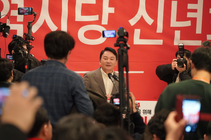 원희룡 전 국토부장관이 16일 국민의힘 인천시당 신년인사회에 참석해 계양을 출마를 공식 선언하고 있다. ( 사진 = 김주헌 기자 )