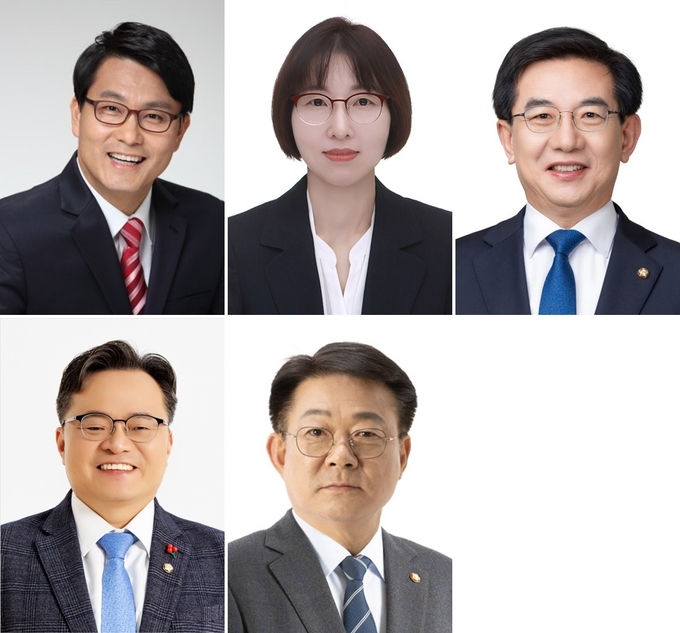 시계방향으로 윤상현 국힘·동구미추홀구을 국회의원, 허숙정 민주·비례 국회의원 정일영 민주·연수구을 국회의원, 허종식 민주·동구미추홀구갑 국회의원, 이동주 민주·비례 국회의원. (예비후보 등록일 순)
