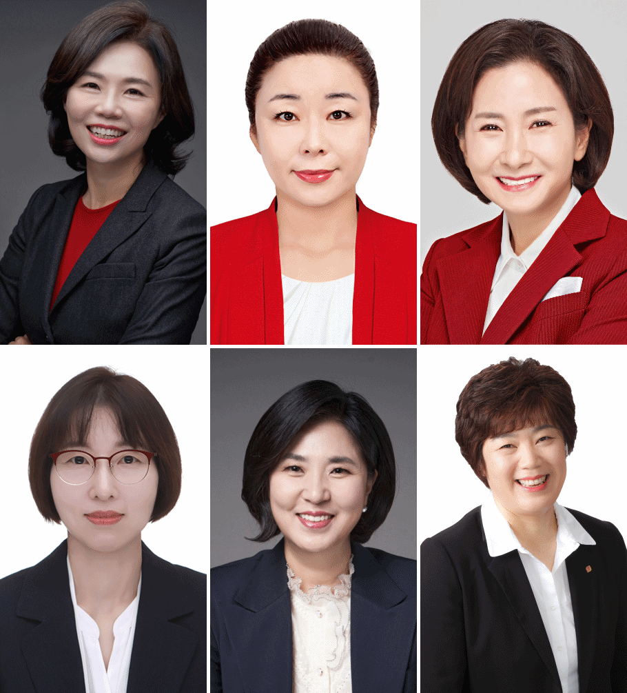 시계방향으로 민현주 국힘·연수구을 예비후보, 공정숙 국힘·서구갑 예비후보, 이행숙 국힘·서구을 예비후보, 허숙정 민주·서구을 예비후보, 남영희 민주·동구미추홀구을 예비후보. 고혜경 진보·계양구을 예비후보. ( 사진 = 중앙선거관리위원회 제공 )