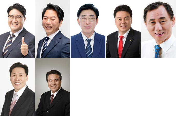 시계방향으로 강남규 민주·서구을 예비후보, 김종인 민주·서구을 예비후보, 조광휘 민주·중구강화군옹진군 예비후보, 공병건 국힘·연수구갑 예비후보, 고남석 민주·연수구을 예비후보, 이병학 국힘·계양구갑 예비후보, 이병래 민주·남동구을 예비후보. ( 사진 = 중앙선거관리위원회 제공 )