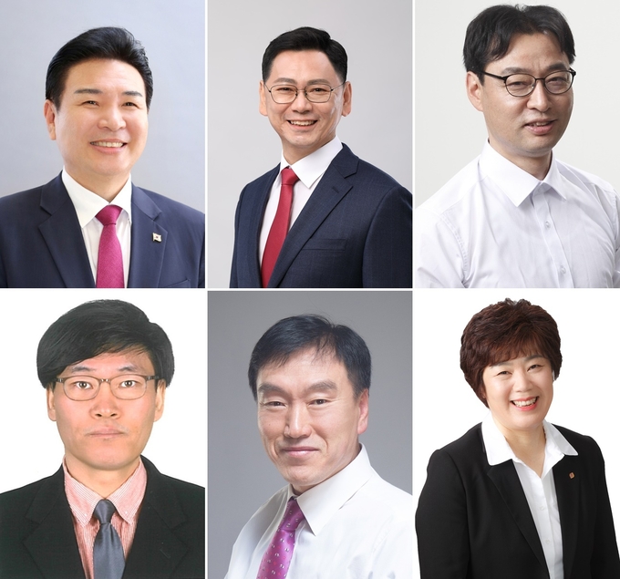(왼쪽부터 시계방향) 구본철 무소속 중구강화군옹진군 예비후보, 용혜랑 진보당 남동구갑 예비후보, 신용준 진보당 부평구갑 예비후보, 고혜경 진보당 서구을 예비후보, 권상기 개혁신당 서구을 예비후보, 안홍길 무소속 서구을 예비후보. (지역구 순)