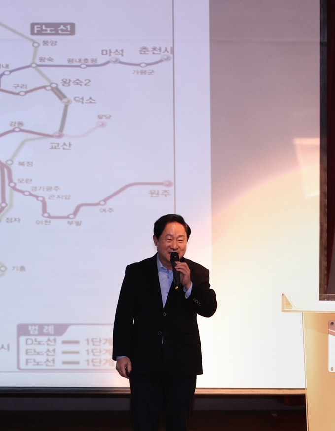 주광덕 남양주시장이 GTX-D·E·F 3개 신설노선 진행상황에 대해 설명하고 있다. (사진=남양주시 제공)