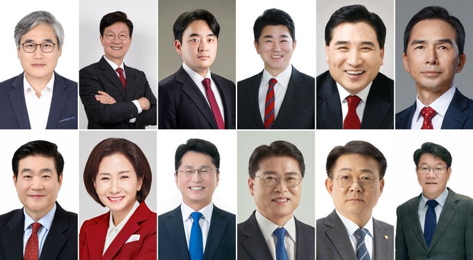 왼쪽 윗줄부터 김진용(국힘·연수구을), 손범규(국힘·남동구갑), 정승환(국힘·남동구갑), 고주룡(국힘·남동구을), 김세현(국힘·남동구을), 조용균(국힘·부평구갑), 박세훈(국힘·서구갑), 이행숙(국힘·서구을), 조택상(민주·중구강화군옹진군), 홍인성(민주·중구강화군옹진군), 허종식(민주·동구미추홀구갑), 고존수(민주·남동구갑) 예비후보.